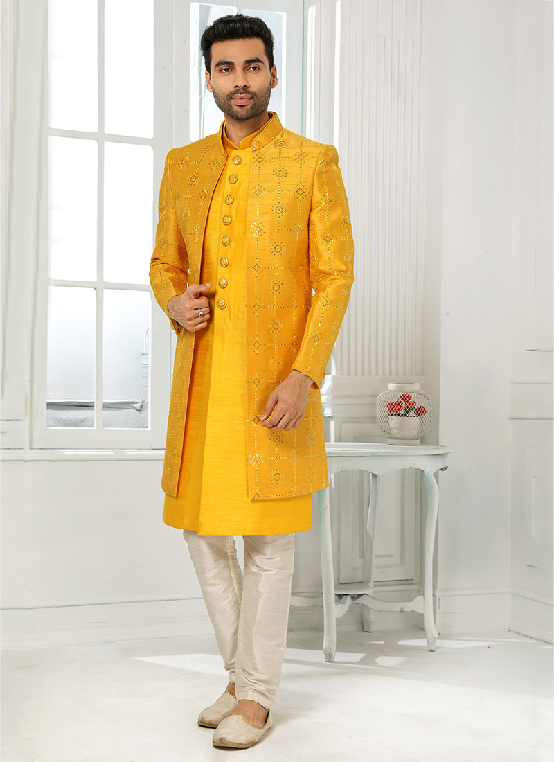 Jacquard Silk Indo Western Sherwani In Yellow