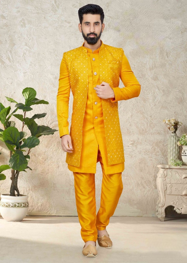 Art Silk Indo Western Sherwani In Yellow