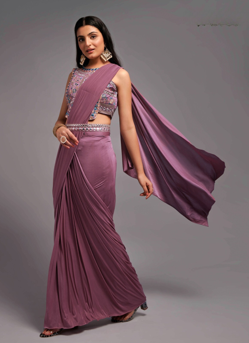 Malai Lycra Ready To Wear Saree In Mauve Pink