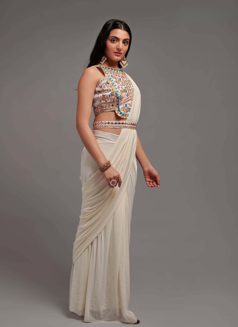 Malai Lycra Ready To Wear Saree In Off White