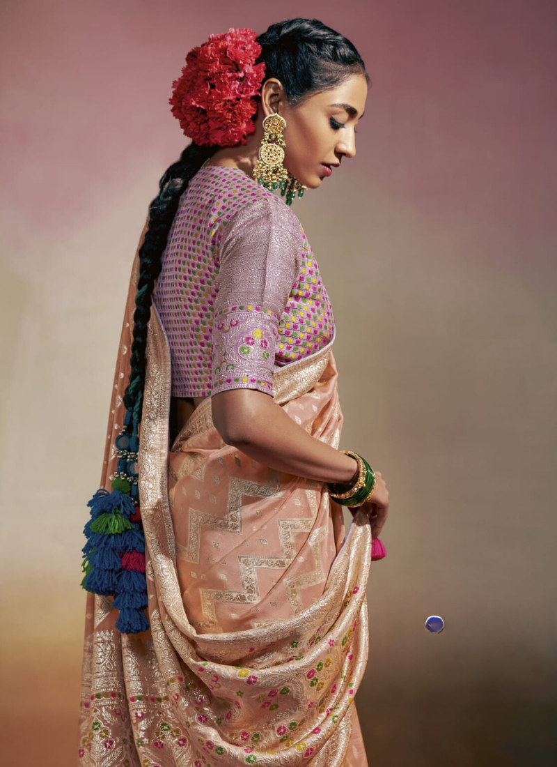 Designer Woven Silk Saree In Peach