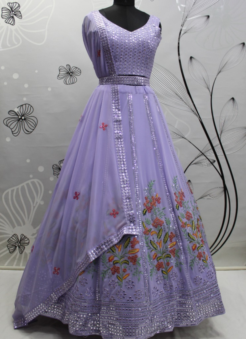 Embroidered  Pure Viscose Dola Silk Bridal Lehenga In Lavender
