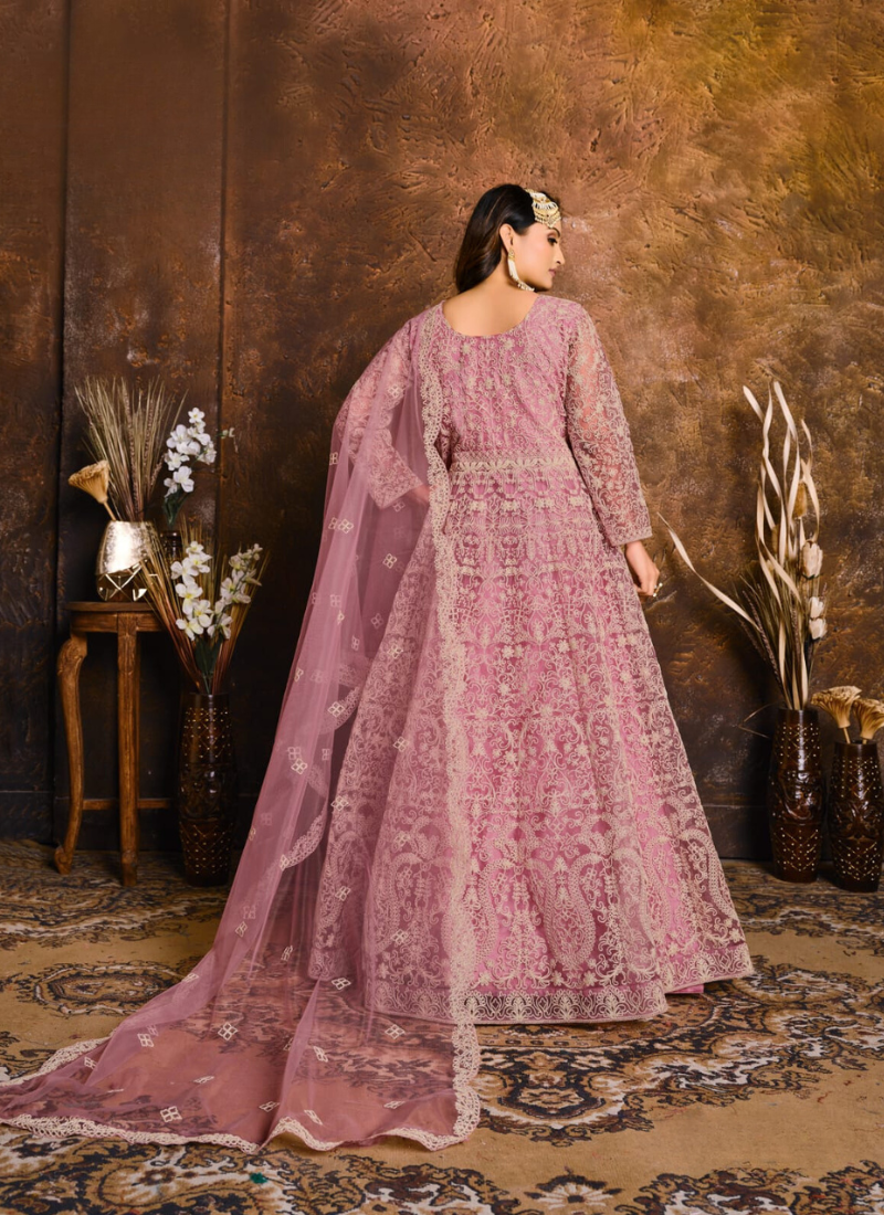 Embroidered Net Gown In Pink