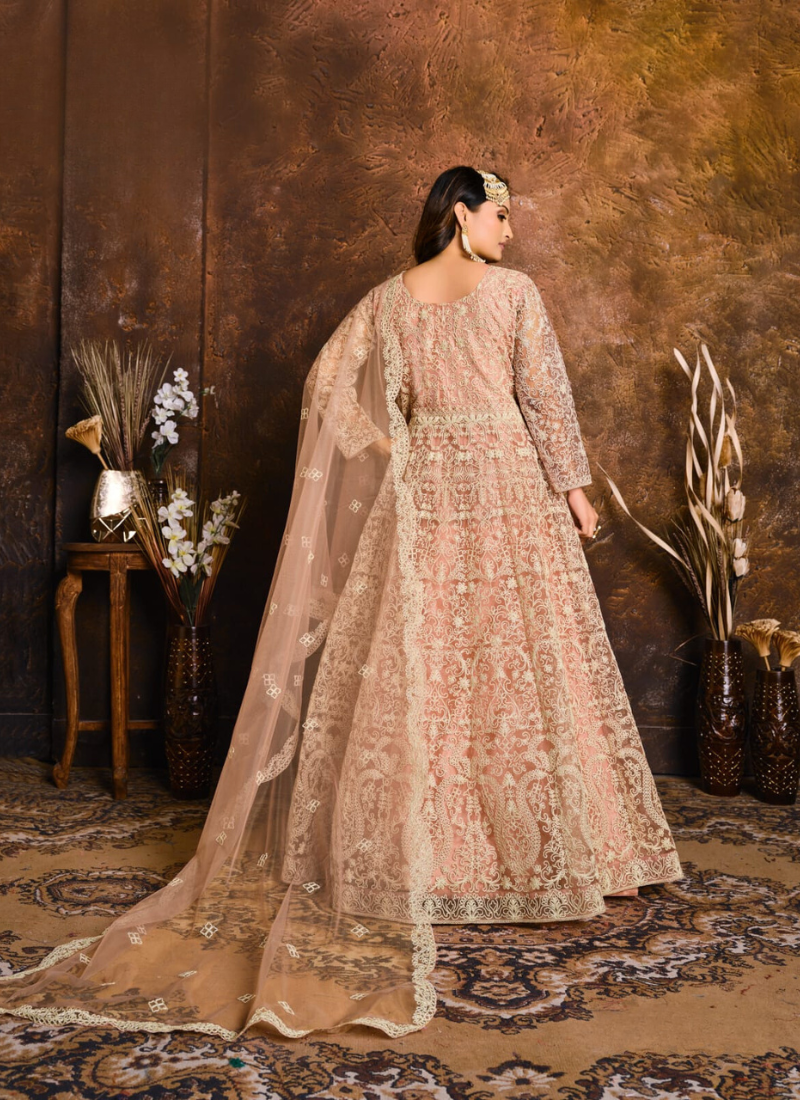 Embroidered Net Gown In Peach