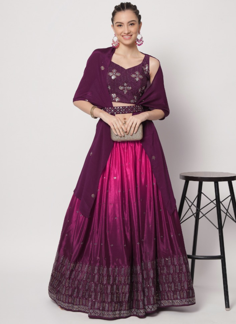 Embellished Mukaish Work Chinon Silk Lehenga In Purple