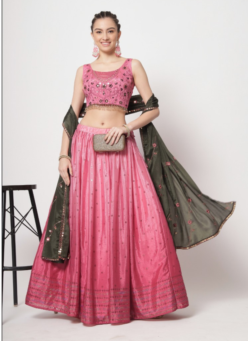Embellished Mukaish Work Chinon Silk Lehenga In Pink