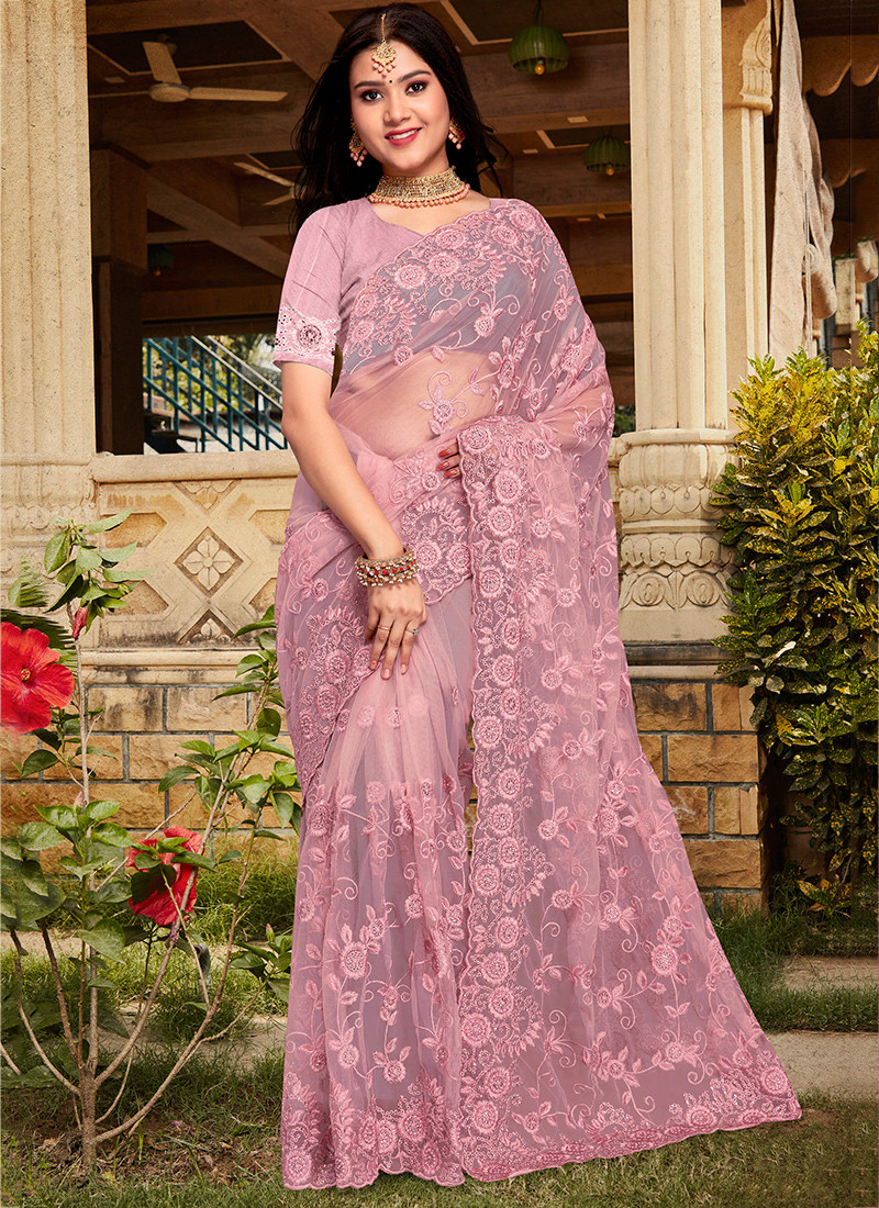 Embroidered Net Saree In Pink