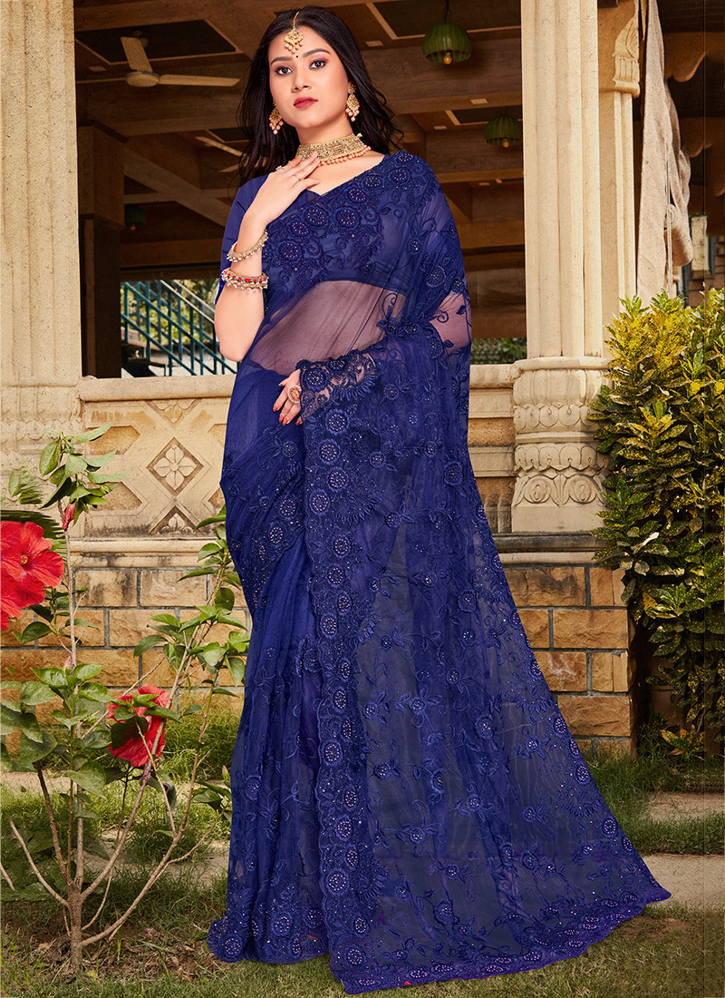 Embroidered Net Saree In Blue