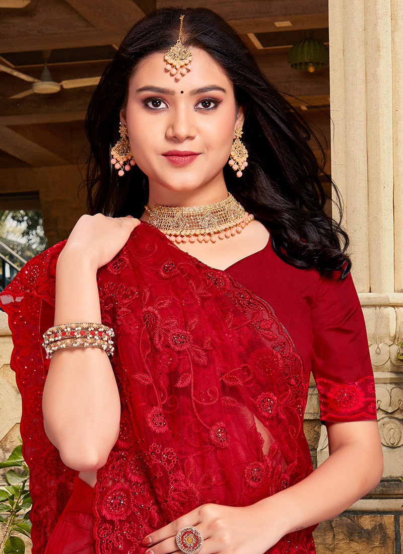 Embroidered Net Saree In Red