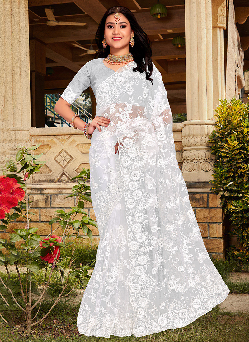 Embroidered Net Saree In White