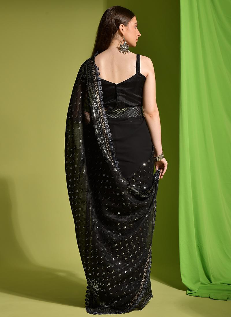 Sequinned Heavy Georgette Party Wear Saree In Black
