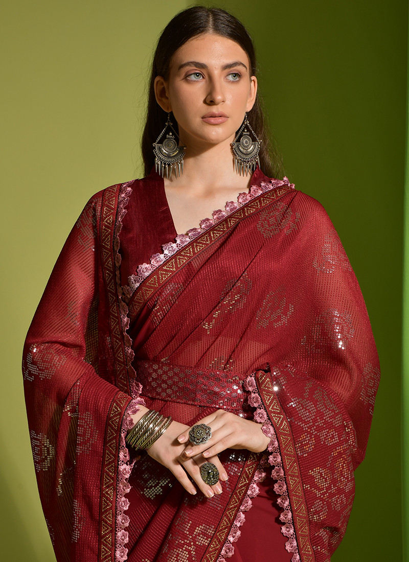 Sequinned Heavy Georgette Party Wear Saree In Maroon