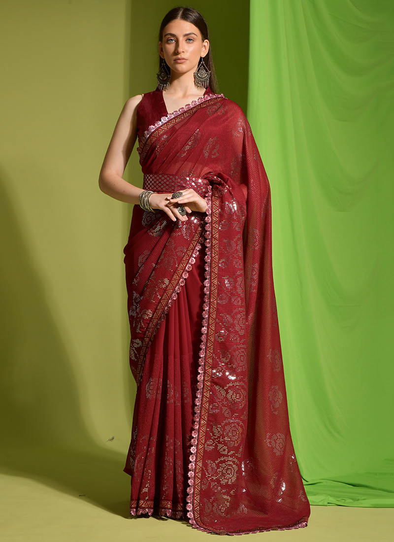 Sequinned Heavy Georgette Party Wear Saree In Maroon