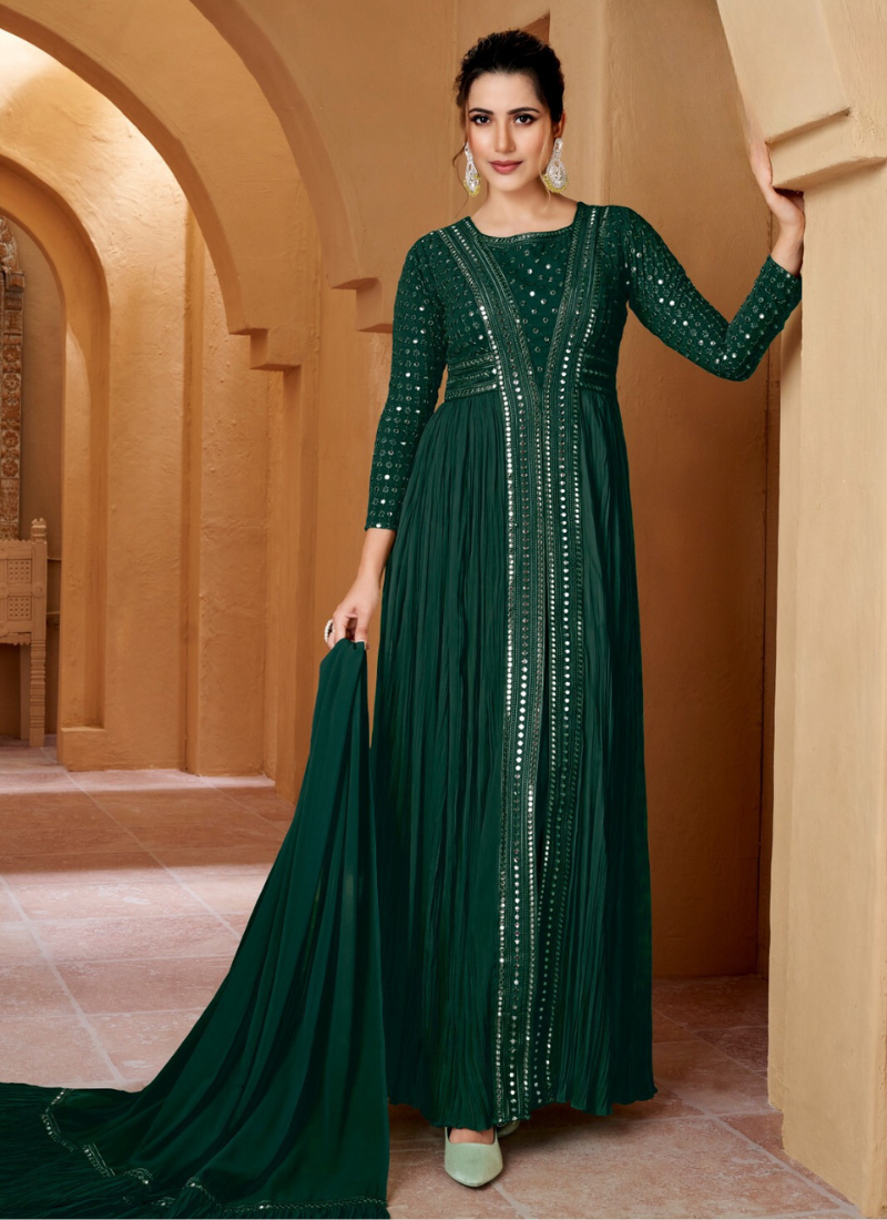 Lucknowi  Style Center Slit Party Wear Dress With Mirror Work In Green