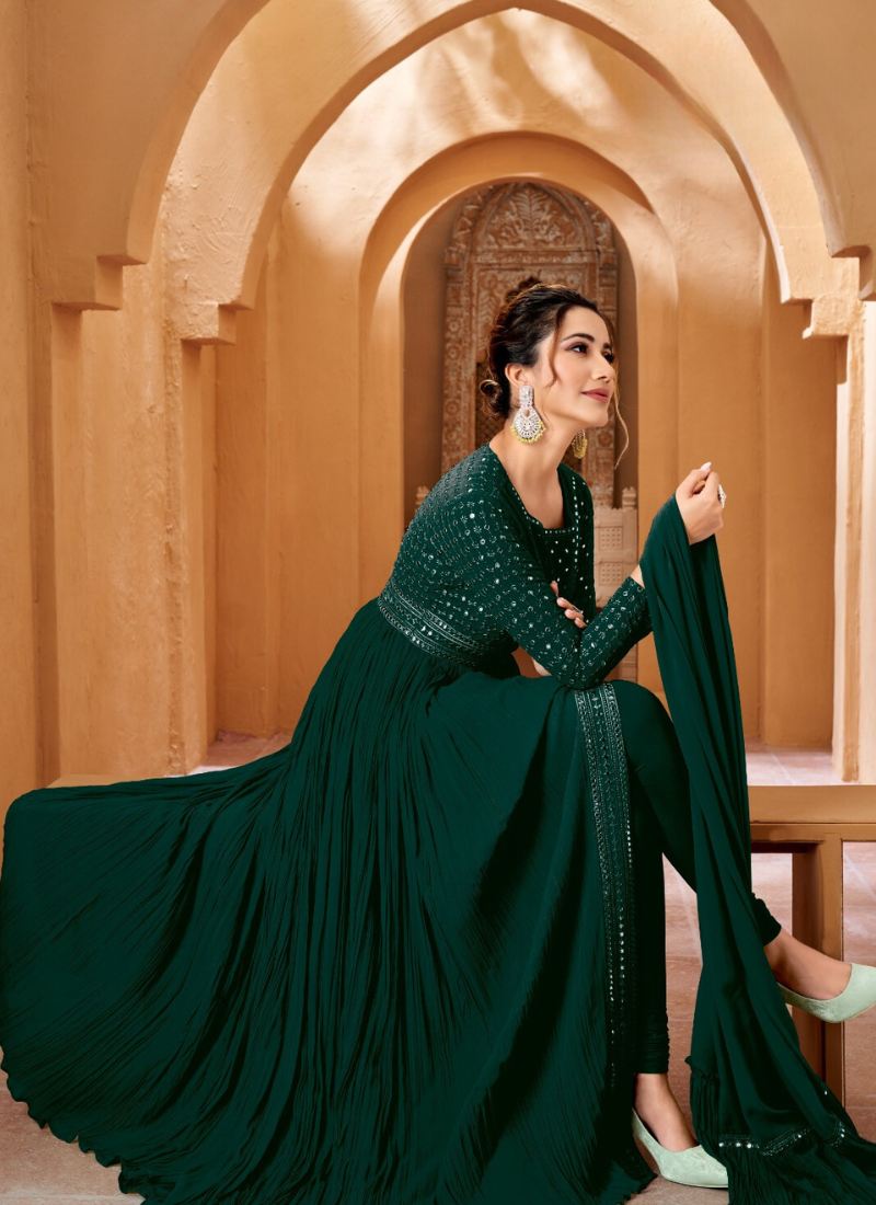 Lucknowi  Style Center Slit Party Wear Dress With Mirror Work In Green