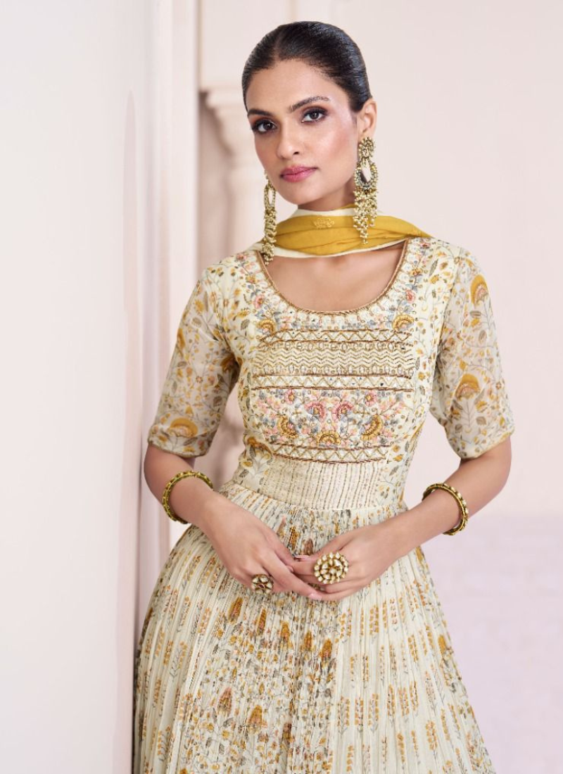 Embroidered Real Georgette Abaya Style Suit In Beige