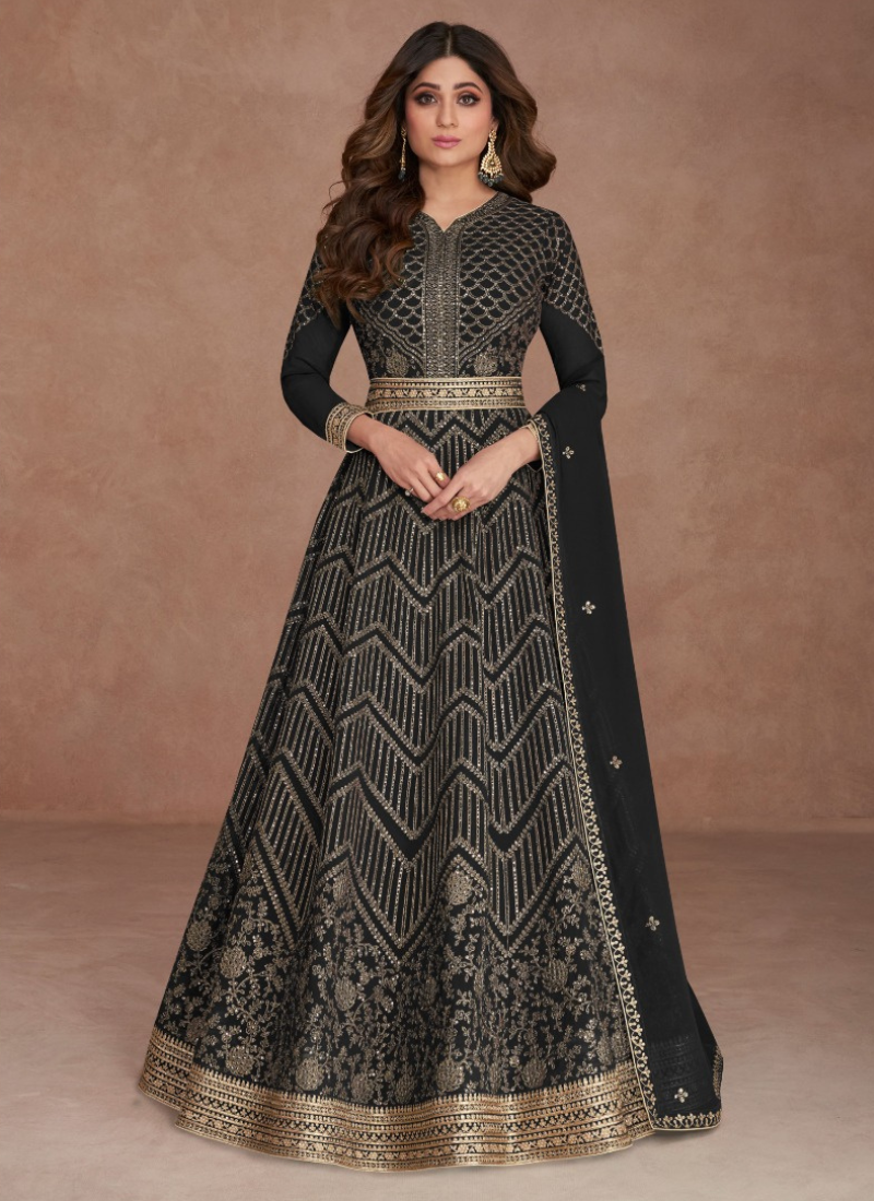Embroidered Real Georgette Abaya Style Suit In Black