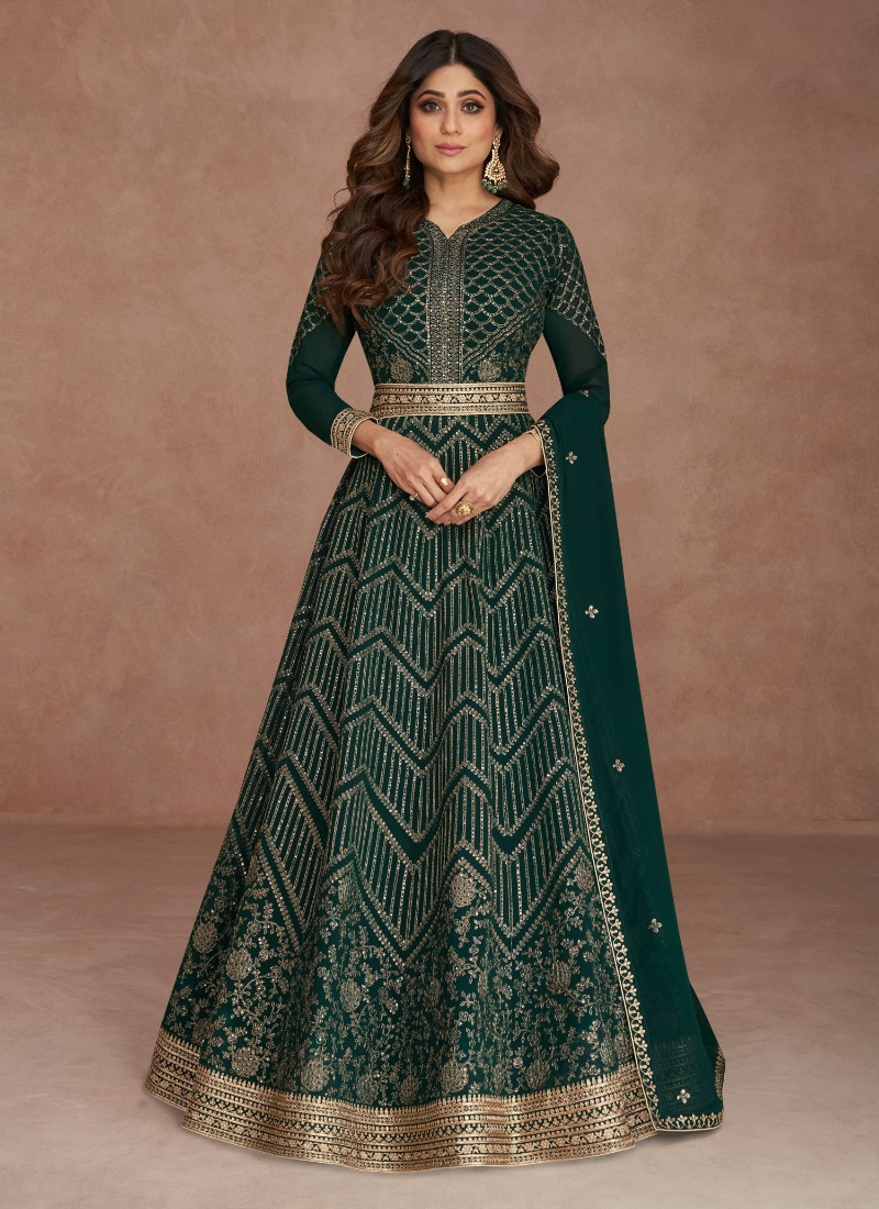 Embroidered Real Georgette Abaya Style Suit In  Green