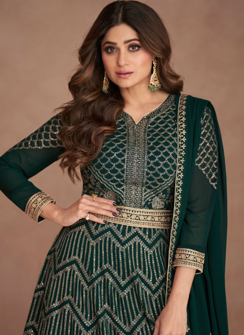 Embroidered Real Georgette Abaya Style Suit In  Green