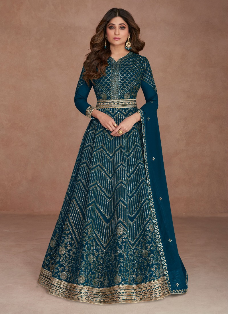 Embroidered Real Georgette Abaya Style Suit In Teal Green