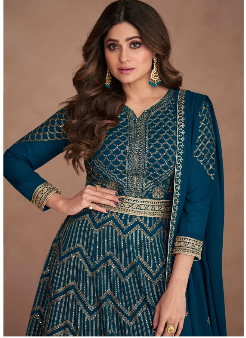 Embroidered Real Georgette Abaya Style Suit In Teal Green