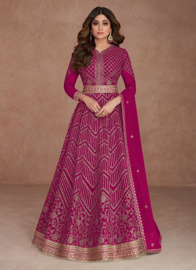 Embroidered Real Georgette Abaya Style Suit In Magenta