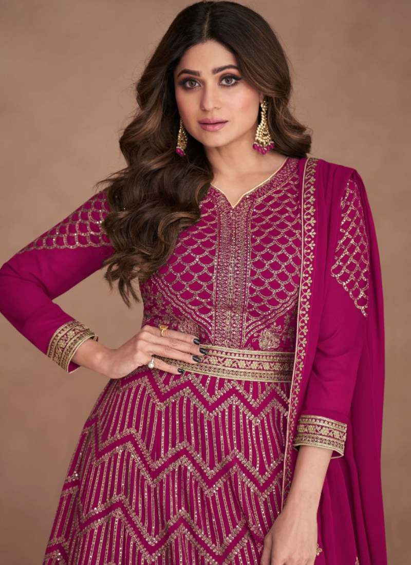 Embroidered Real Georgette Abaya Style Suit In Magenta