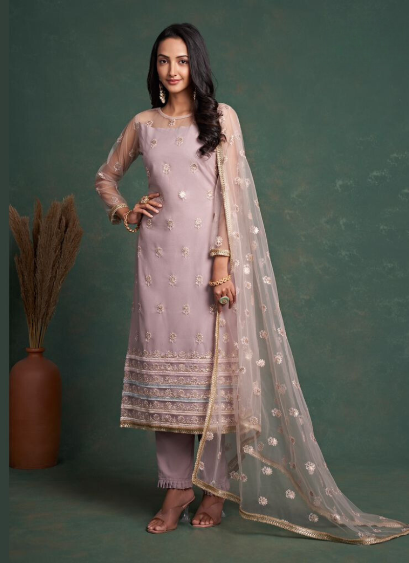 Embroidered American Crepe Straight Suit Set in Lavender