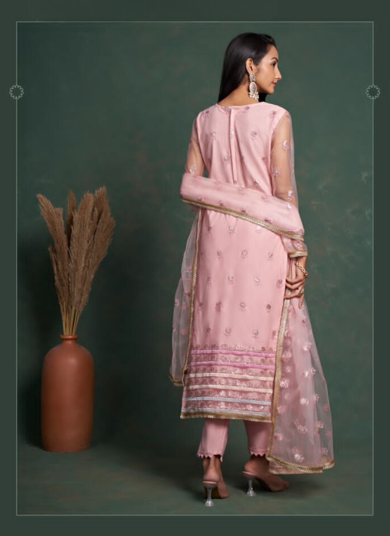 Embroidered American Crepe Straight Suit Set in Pink