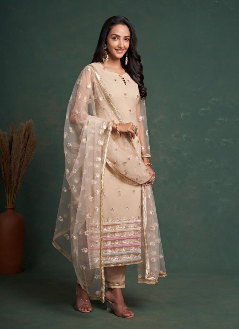 Embroidered American Crepe Straight Suit Set in Beige