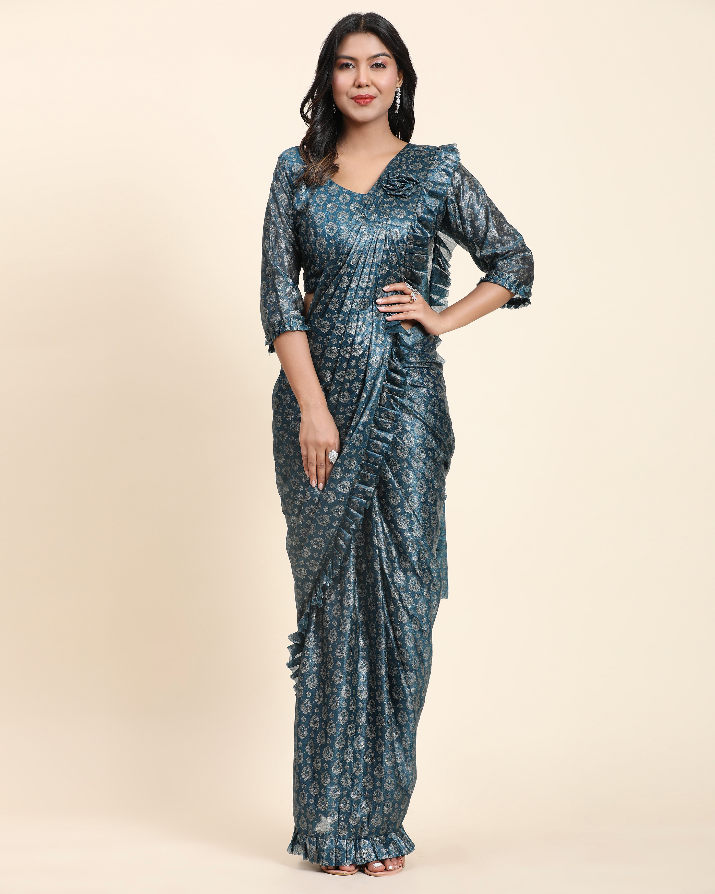 Foil Work Chinon Saree In Teal Green