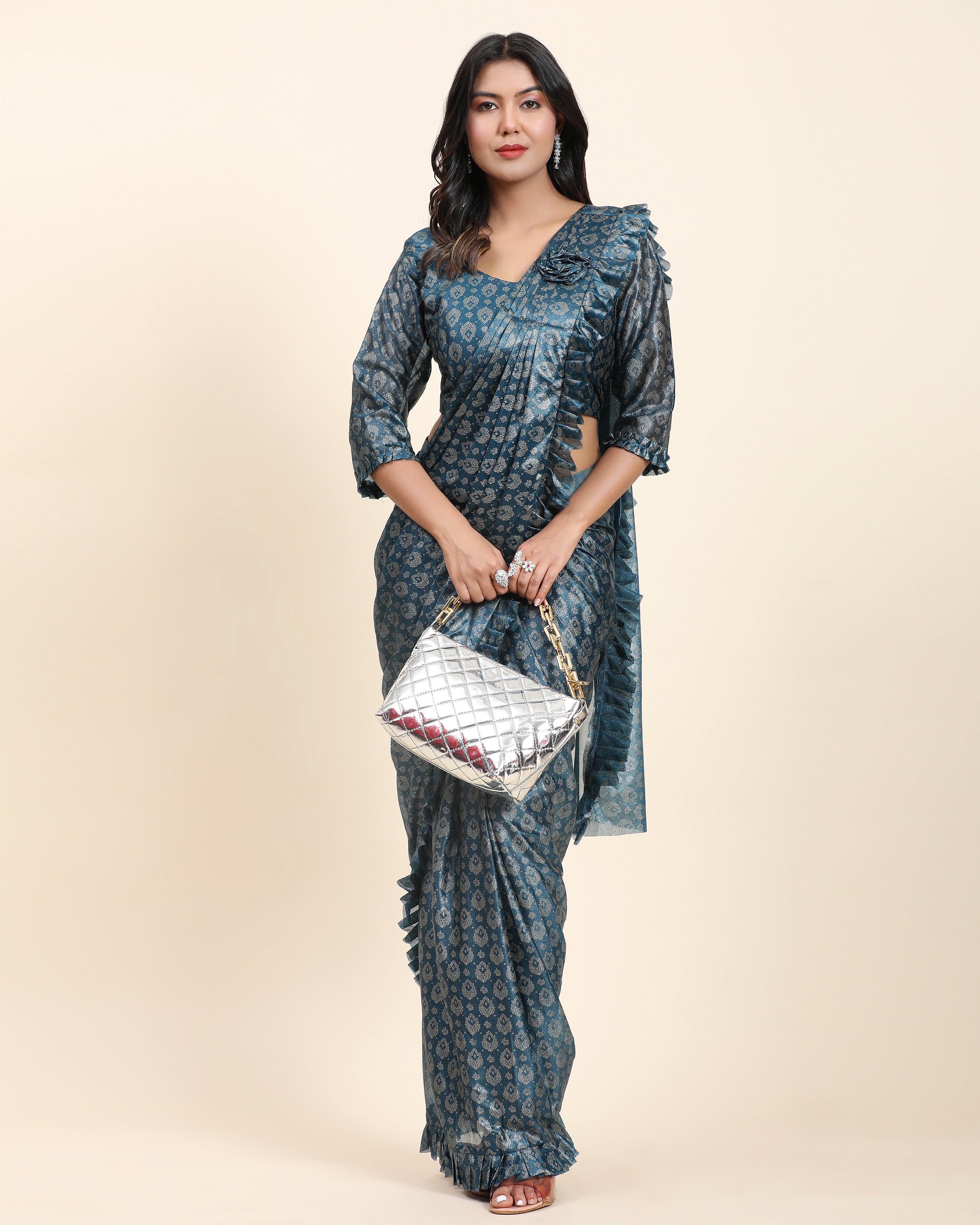 Foil Work Chinon Saree In Teal Green