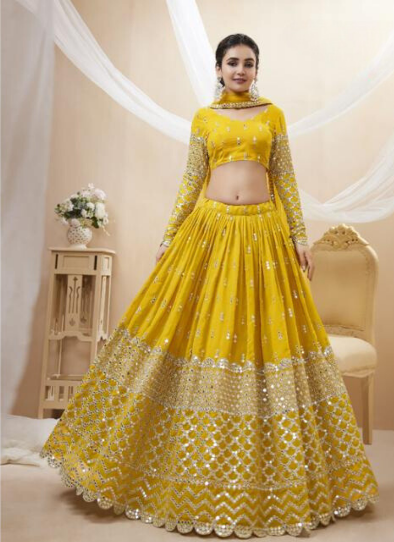 Embroidered Georgette Lehenga In Yellow
