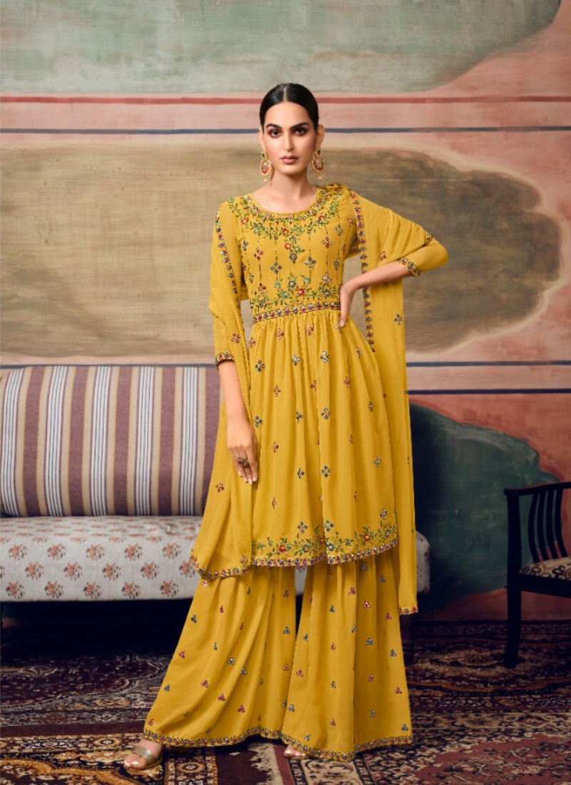 Embroidered Georgette Straight Suit Set In Mustard