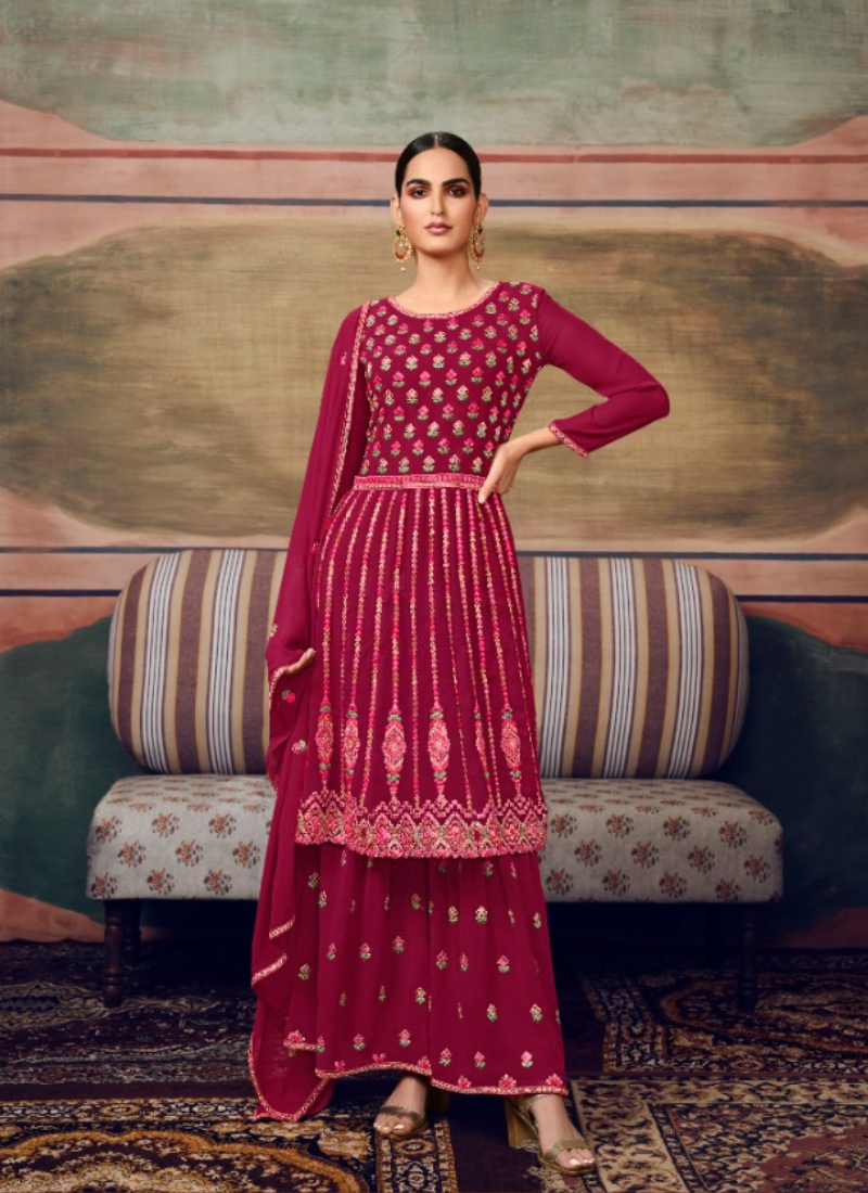 Embroidered Georgette Straight Suit Set In Magenta