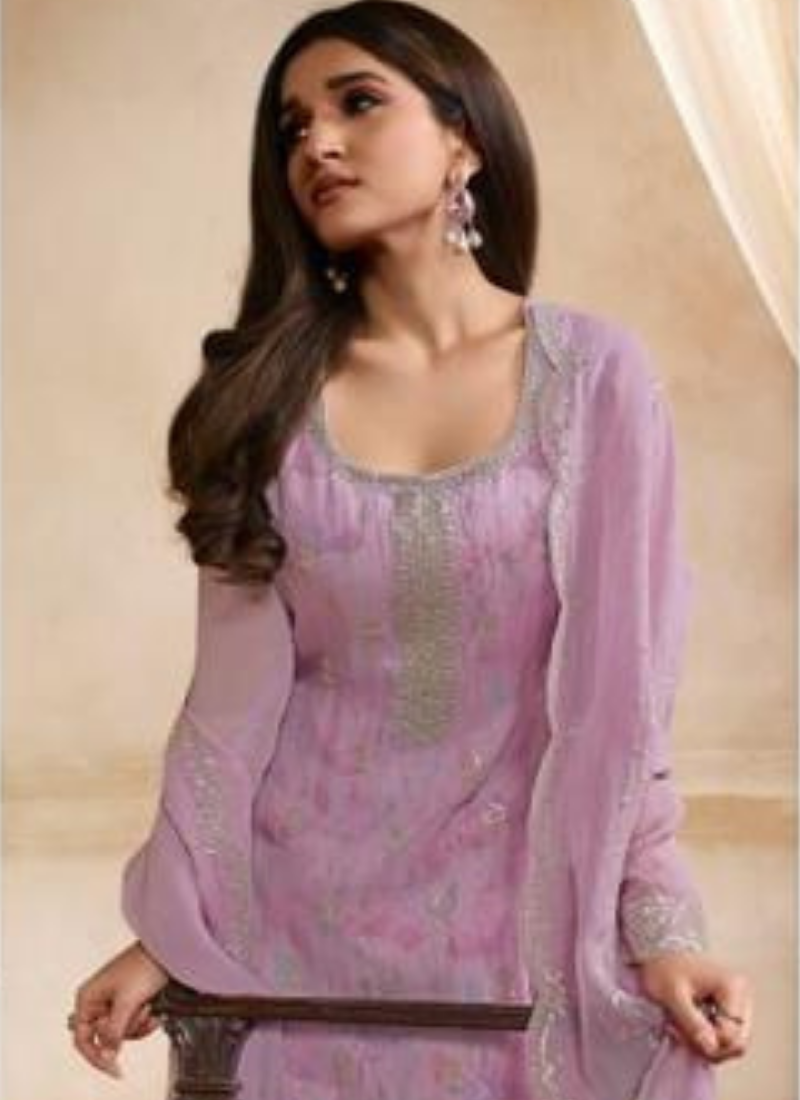 Embroidered Organza Straight Suit Set In Lavender