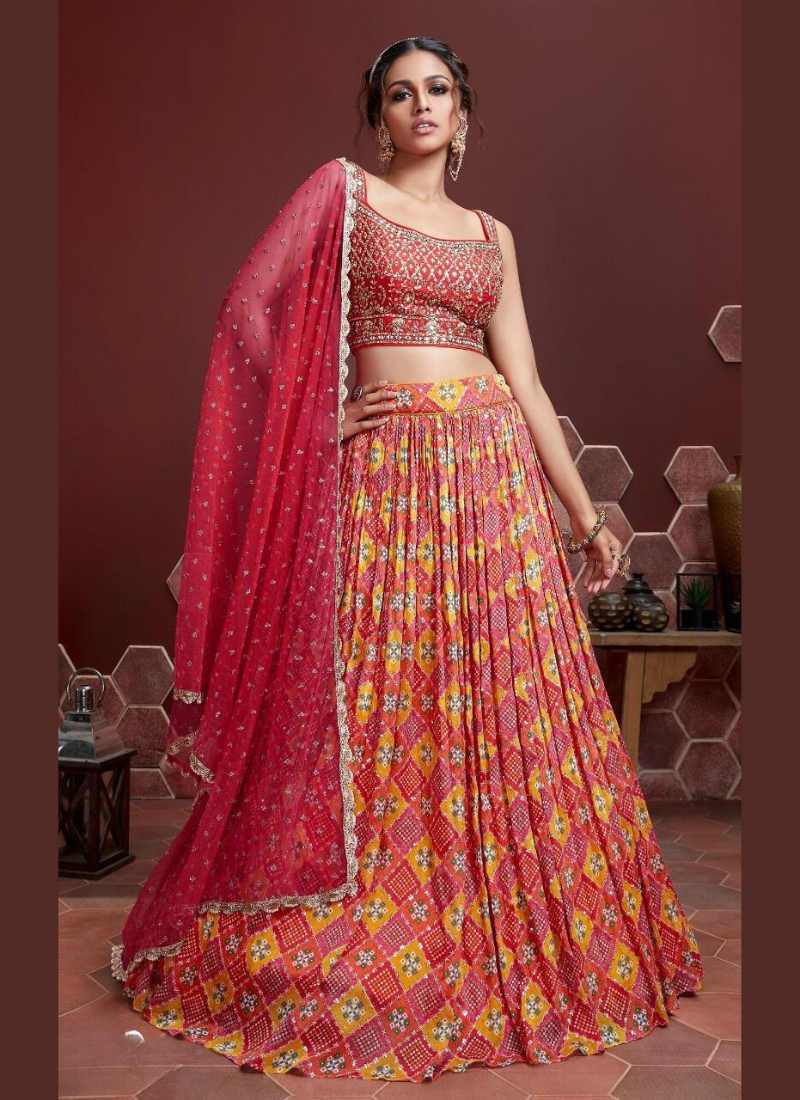 Embroidered Chinon Silk Lehenga In Red