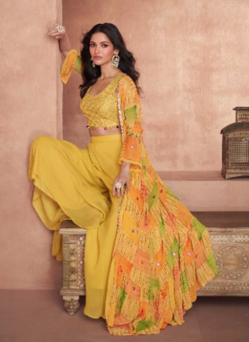 Sequinned Georgette Sharara Set With Shrug In Yellow