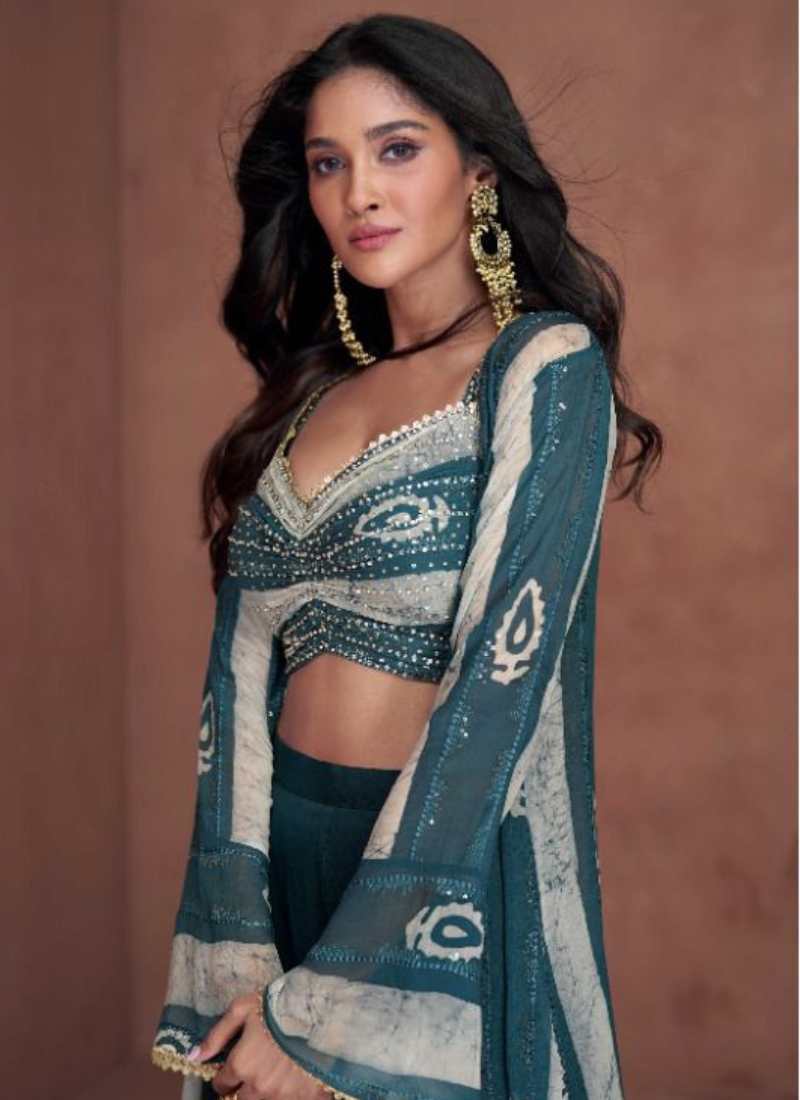 Sequinned Georgette Sharara Set With Shrug In Teal Blue