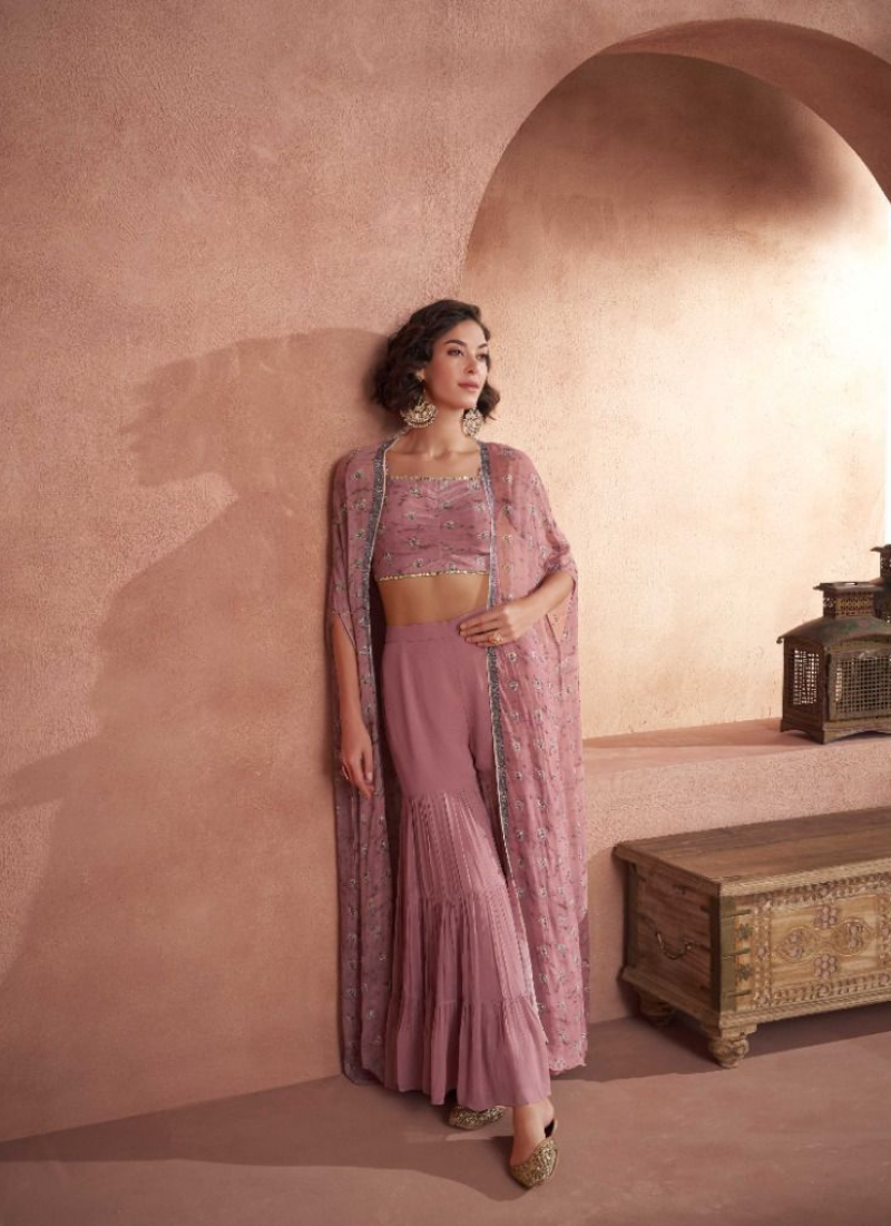 Sequinned Georgette Sharara Set With Shrug In Peach Pink