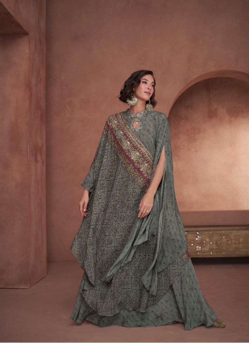 Sequinned Georgette Sharara Set With Shrug In Grey