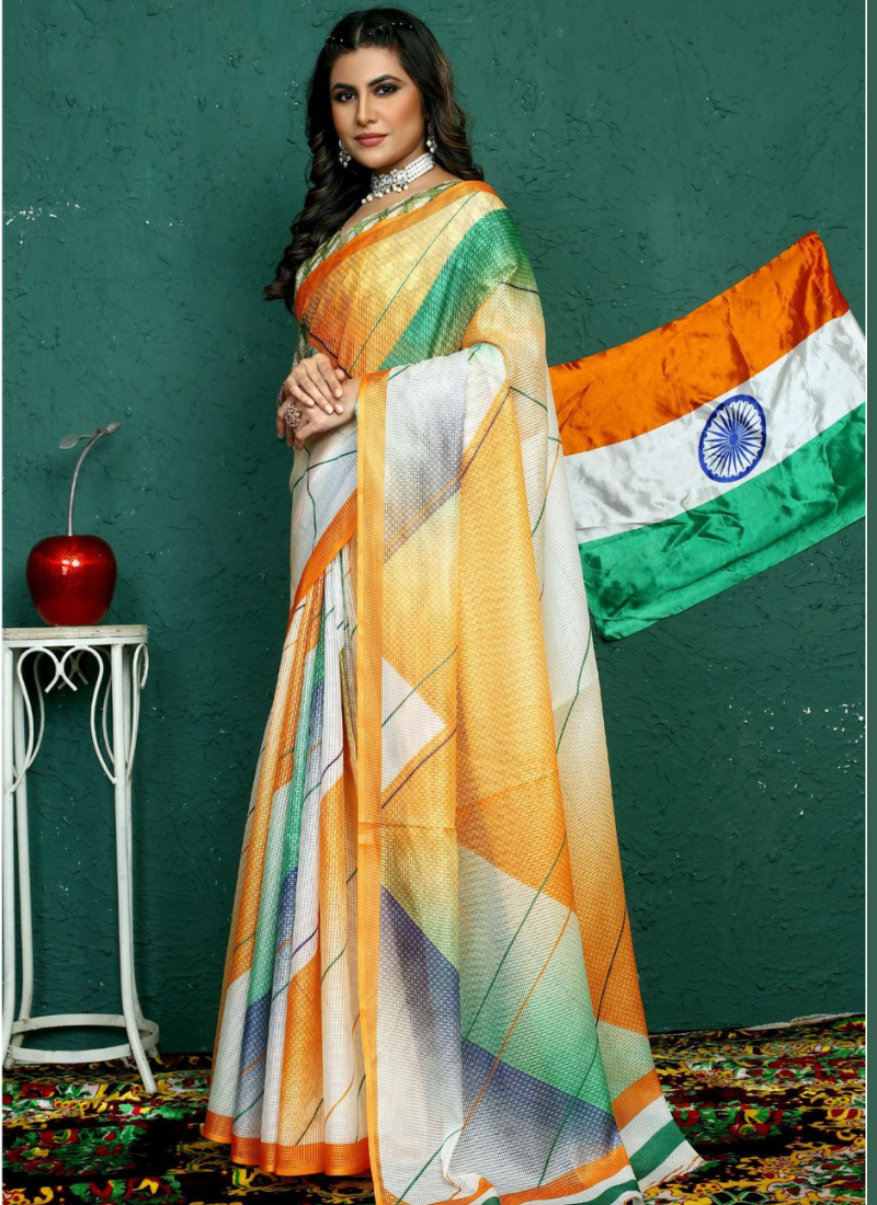Abstract Print Soft Kota Linen Saree In Tricolor