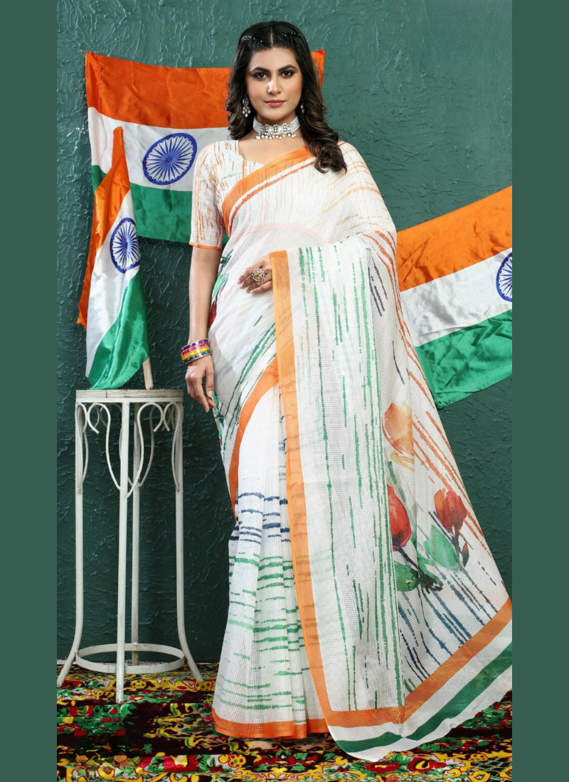 Abstract Print Soft Kota Linen Saree In Tricolor
