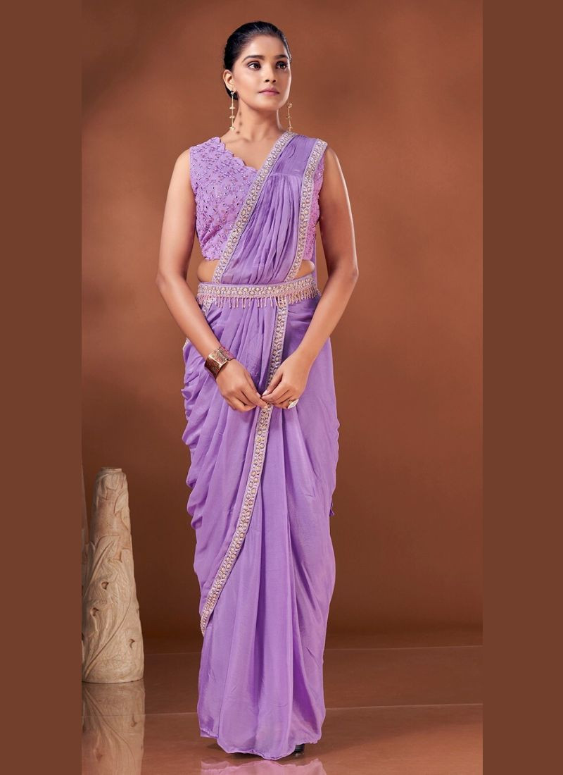 Embroidered Chinon Saree with Latkan Belt in Blue