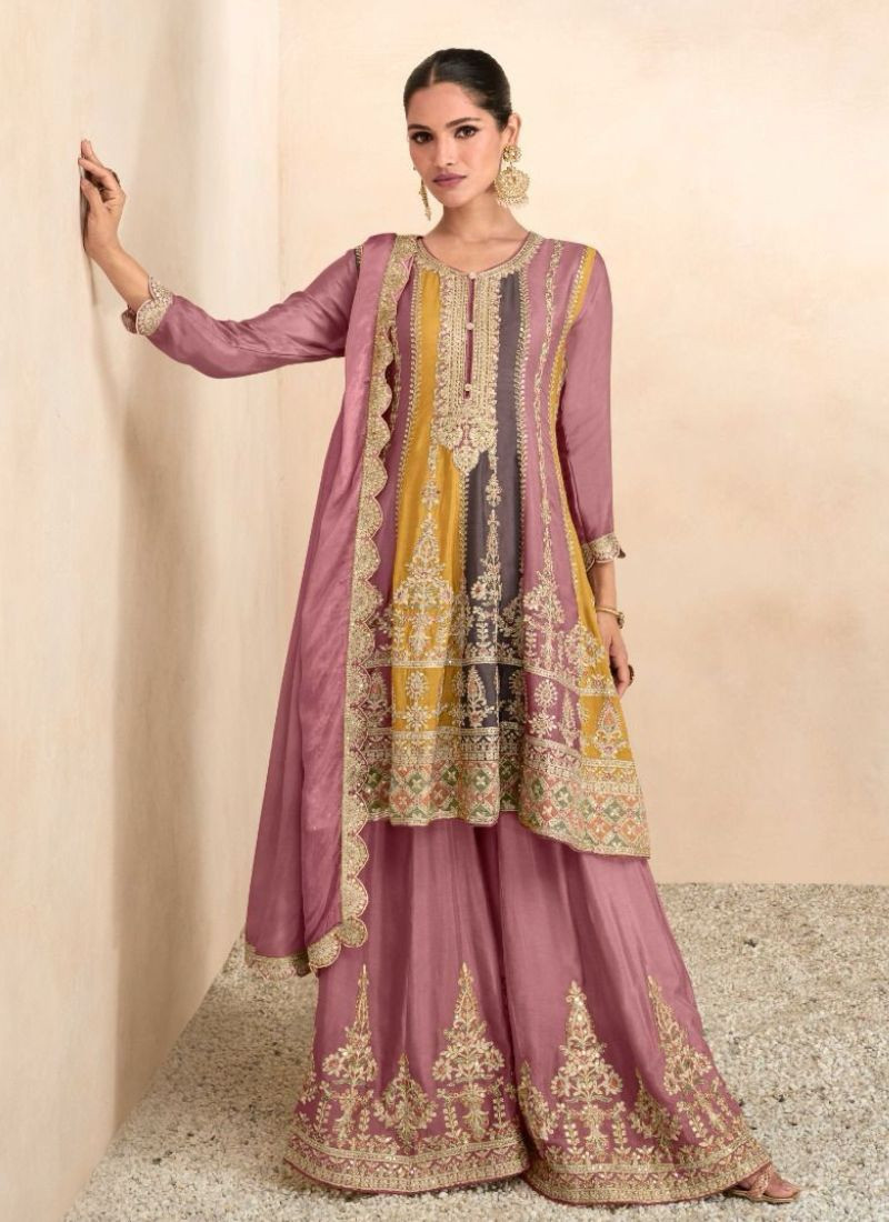 Embroidered Chinon Suit Set in Peach Pink