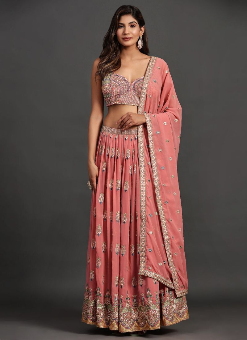 Embroidered Georgette Lehenga in clay