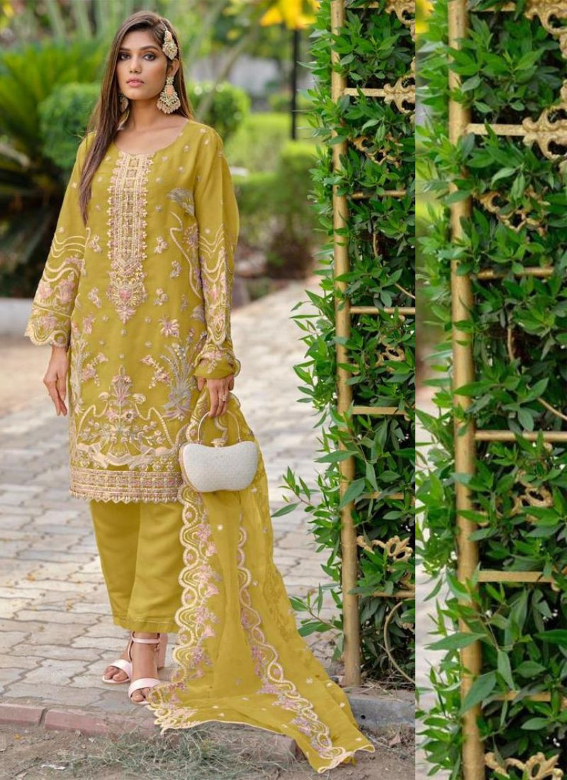 Embroidered Organza Straight Suit Set In Mustard Yellow