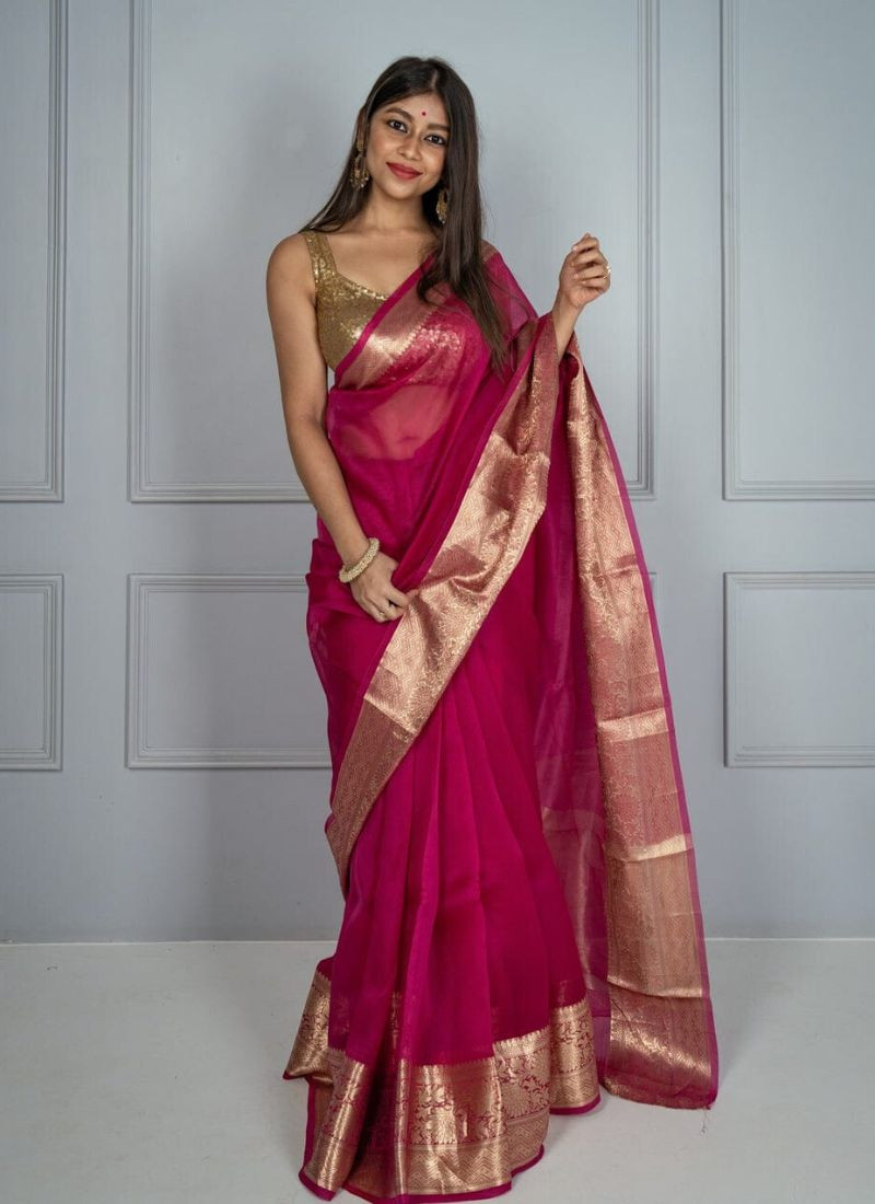 Banarasi organza silk Saree in Zari Work in Pink