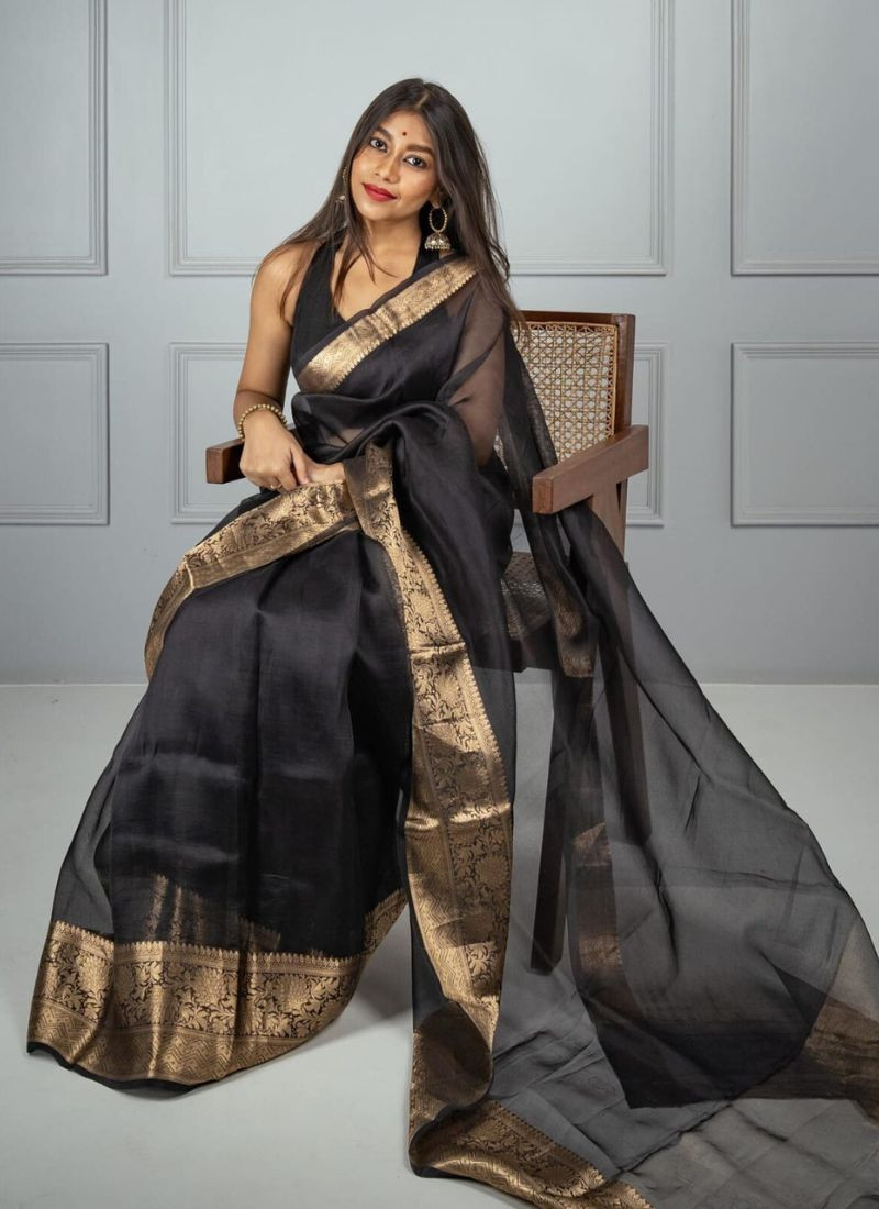 Banarasi organza silk Saree in Zari Work in Black