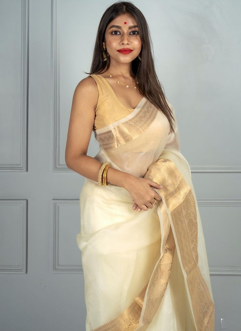 Banarasi organza silk Saree in Zari Work in Off White
